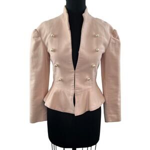 ZARA Nude Pink Velvet Peplum Pearl Jacket Cotton Cropped Mock Neck XS BLOGGER